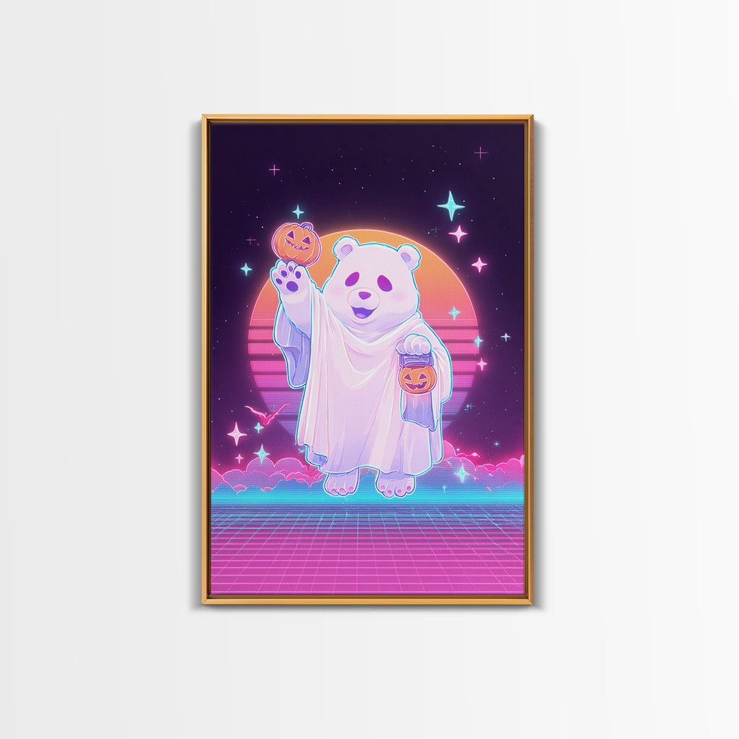 The Bear Cub Ghost, Vaporwave Halloween Decor, Vertical Wall Art, Framed Canvas Print, Retro Halloween Decor, Neon Wall Art, Horror Wall Art