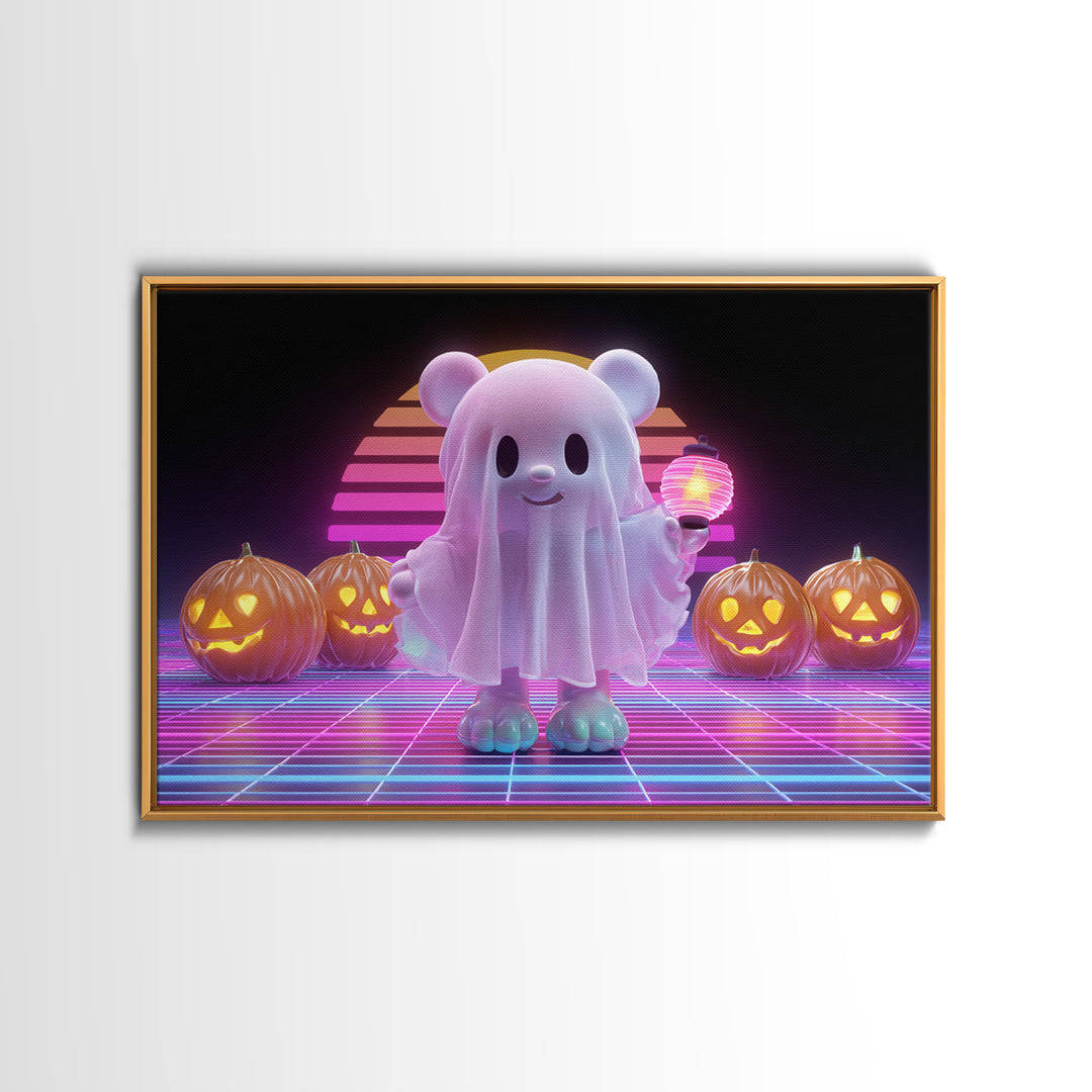 The Bear Cub Ghost, 80s Halloween Wall Art, Landscape Wall Art, Framed Canvas Print, Retro Halloween Decor, Neon Wall Art