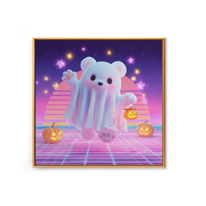 The Bear Cub Ghost, 80s Halloween Wall Art, Square Wall Art, Framed Canvas Print, Retro Halloween Decor, Neon Wall Art
