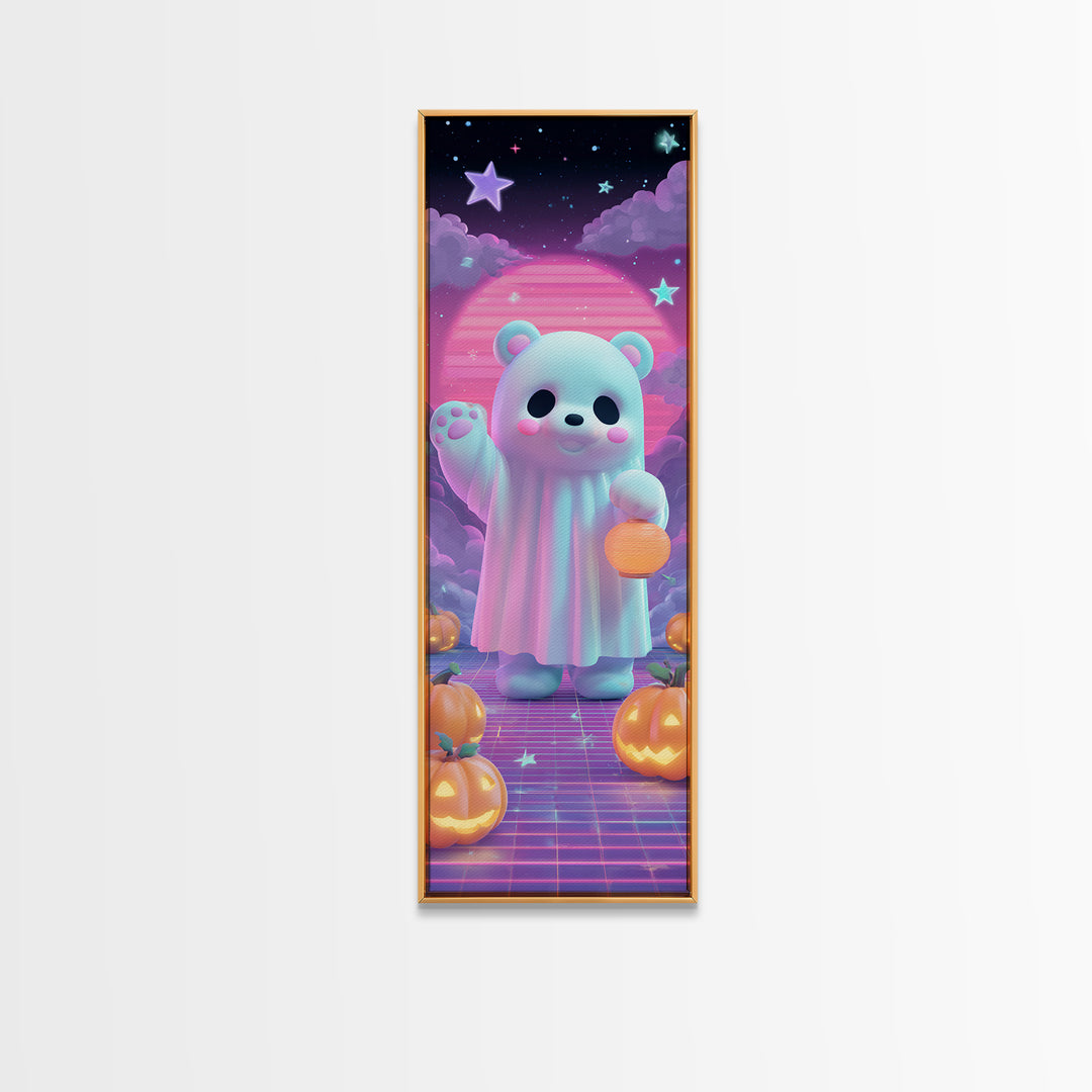 The Bear Cub Ghost, 80s Halloween Wall Art, Tall Narrow Wall Art, Canvas Print, Retro Halloween Decor, Neon Wall Art, Seasonal Home Decor