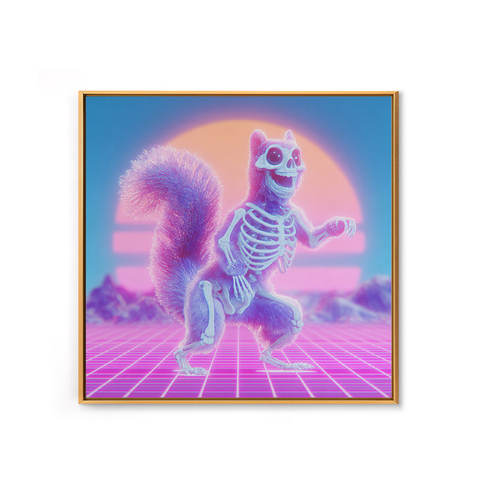 The Squirrel Skeleton, Cute Spooky Neon Art, Square Wall Art, Canvas Print, Retro Halloween Decor, Neon Wall Art, Spooky Wall Decor