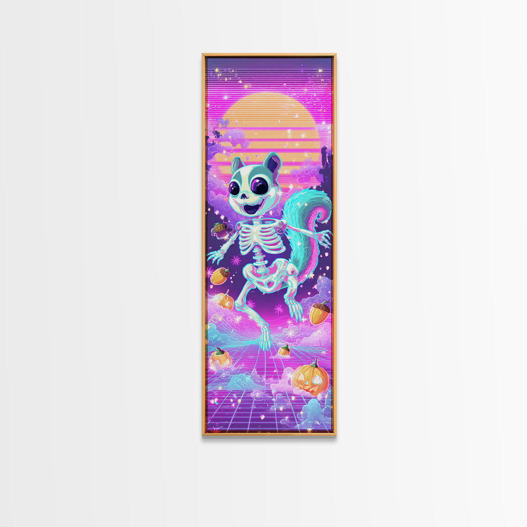 The Squirrel Skeleton, Synthwave Halloween Art, Tall Narrow Wall Art, Framed Canvas Print, Retro Halloween Decor, Neon Wall Art