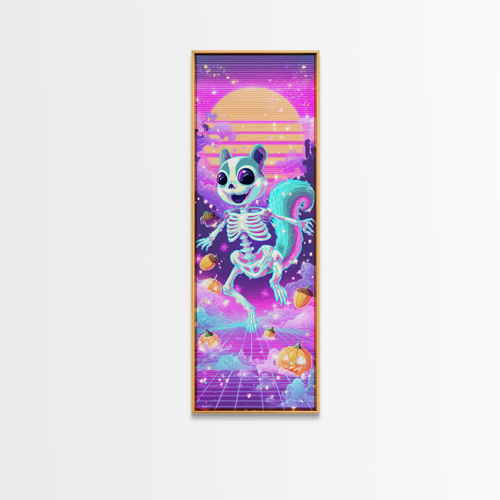 The Squirrel Skeleton, Synthwave Halloween Art, Tall Narrow Wall Art, Framed Canvas Print, Retro Halloween Decor, Neon Wall Art