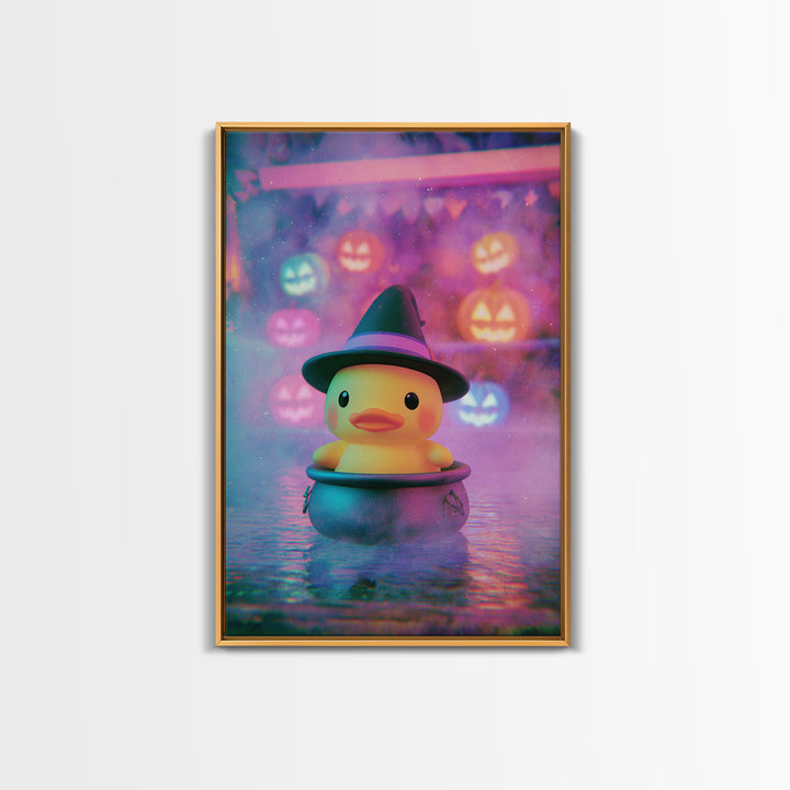 The Duckling Witch, Cute Spooky Neon Art, Vertical Wall Art, Canvas Print, Retro Halloween Decor, Neon Wall Art, Gothic Home Decor