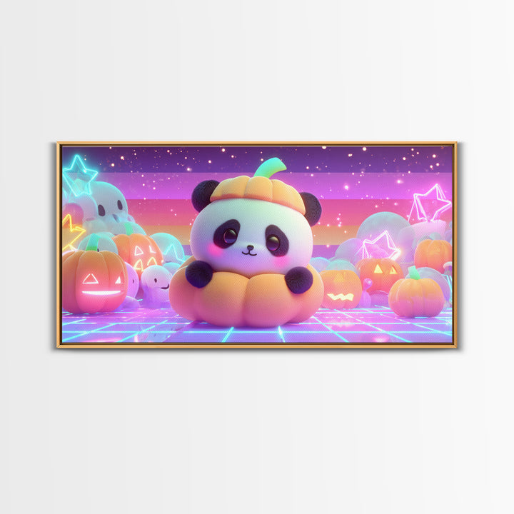The Panda Pumpkin, 80s Halloween Wall Art, Wide Panoramic Art, Framed Canvas Print, Retro Halloween Decor, Neon Wall Art, Dark Fantasy Art