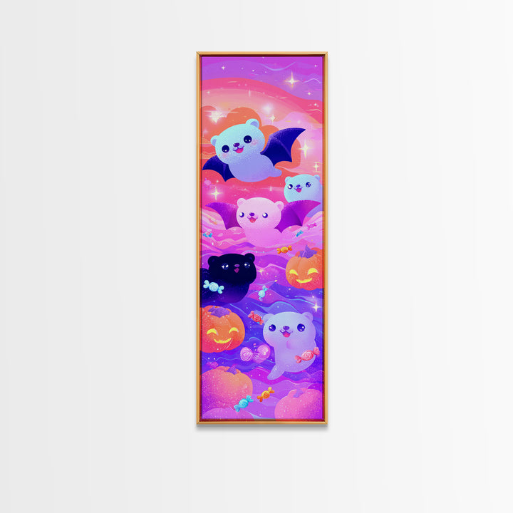 The Bat-Winged Otter, Vaporwave Halloween Decor, Tall Narrow Wall Art, Framed Canvas Print, Retro Halloween Decor, Neon Wall Art