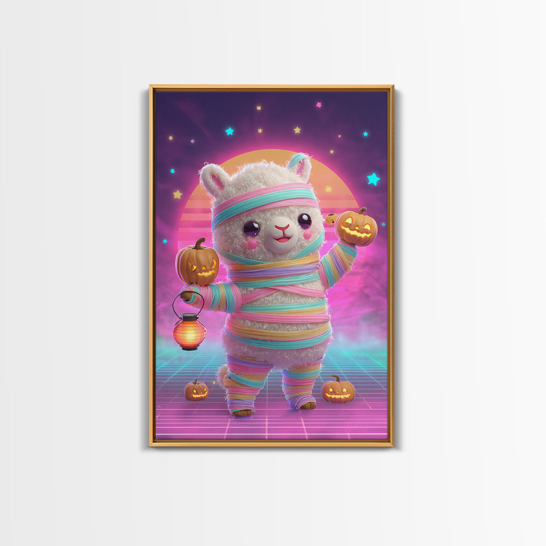 The Llama Mummy, Cute Spooky Neon Art, Vertical Wall Art, Framed Canvas Print, Retro Halloween Decor, Neon Wall Art, Macabre Wall Art