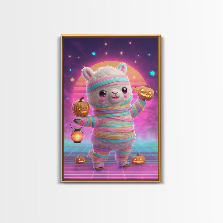 The Llama Mummy, Cute Spooky Neon Art, Vertical Wall Art, Framed Canvas Print, Retro Halloween Decor, Neon Wall Art, Macabre Wall Art