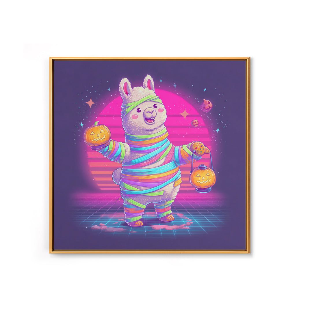 The Llama Mummy, Synthwave Halloween Art, Square Wall Art, Framed Canvas Print, Retro Halloween Decor, Neon Wall Art, Collectible Wall Decor