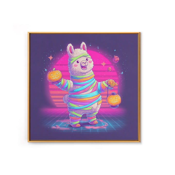 The Llama Mummy, Synthwave Halloween Art, Square Wall Art, Framed Canvas Print, Retro Halloween Decor, Neon Wall Art, Collectible Wall Decor