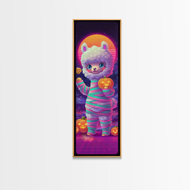 The Llama Mummy, Cute Spooky Neon Art, Tall Narrow Wall Art, Framed Canvas Print, Retro Halloween Decor, Neon Wall Art, Dark Fantasy Art