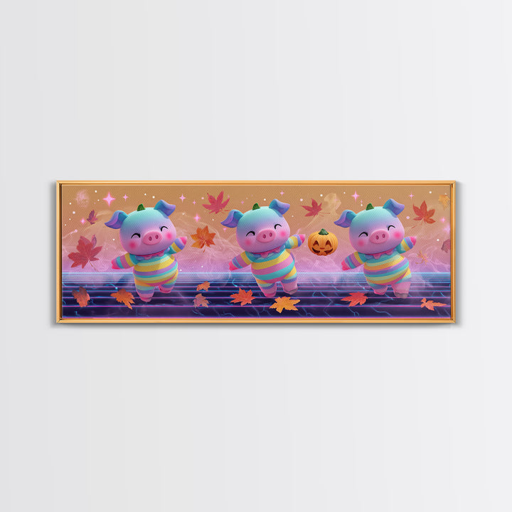 The Candy Corn Piglet, Synthwave Halloween Art, Extra Wide Wall Art, Framed Canvas Print, Retro Halloween Decor, Neon Wall Art