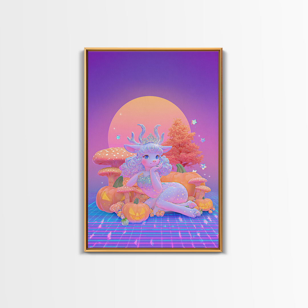 The Moon Princess Deer, Synthwave Halloween Art, Vertical Wall Art, Framed Canvas Print, Retro Halloween Decor, Neon Wall Art