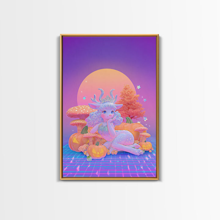 The Moon Princess Deer, Synthwave Halloween Art, Vertical Wall Art, Framed Canvas Print, Retro Halloween Decor, Neon Wall Art