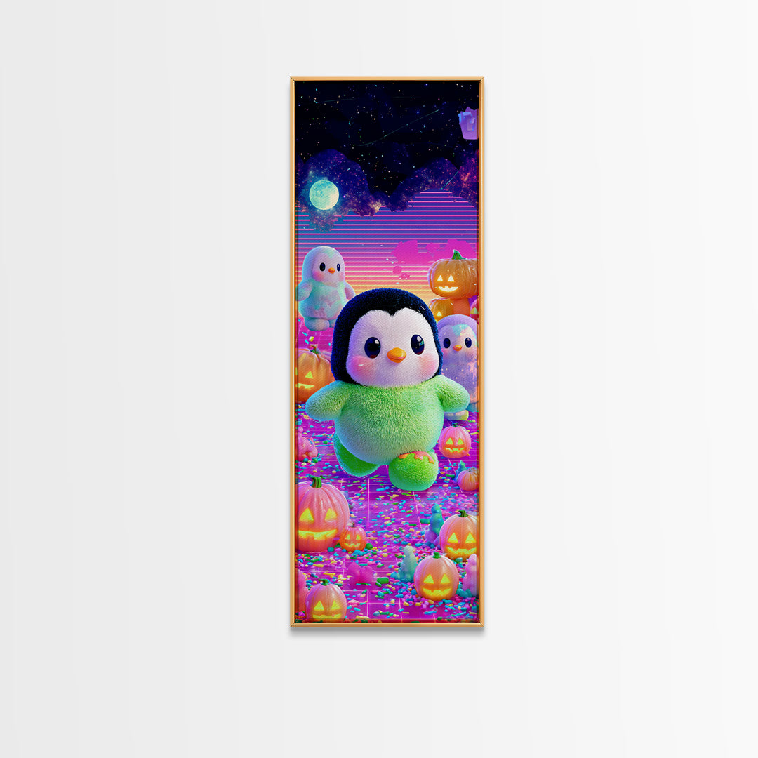 The Penguin Monster, Cute Spooky Neon Art, Tall Narrow Wall Art, Canvas Print, Retro Halloween Decor, Neon Wall Art, Spooky Wall Decor