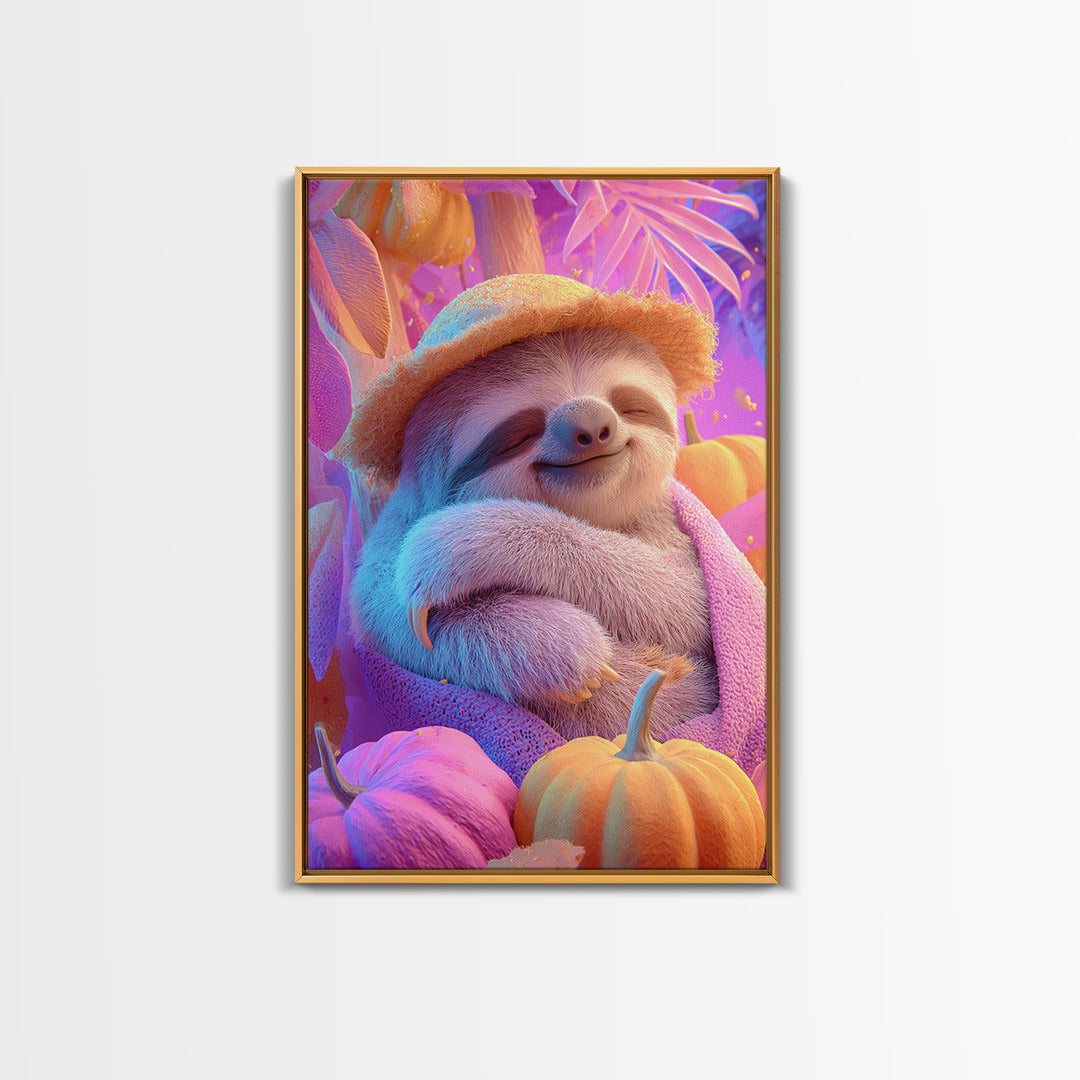 The Scarecrow Sloth, 80s Halloween Wall Art, Vertical Wall Art, Canvas Print, Retro Halloween Decor, Neon Wall Art, Gothic Home Decor