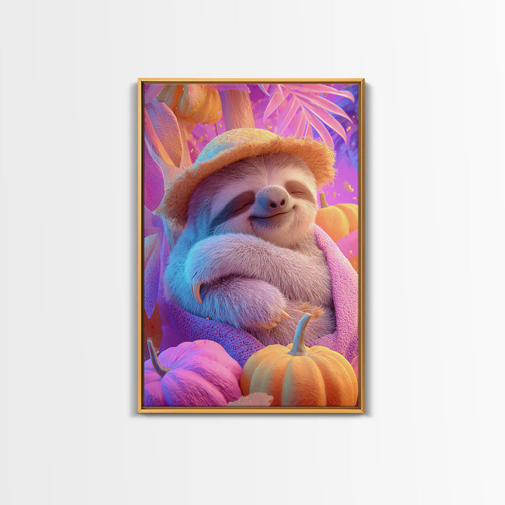 The Scarecrow Sloth, 80s Halloween Wall Art, Vertical Wall Art, Canvas Print, Retro Halloween Decor, Neon Wall Art, Gothic Home Decor