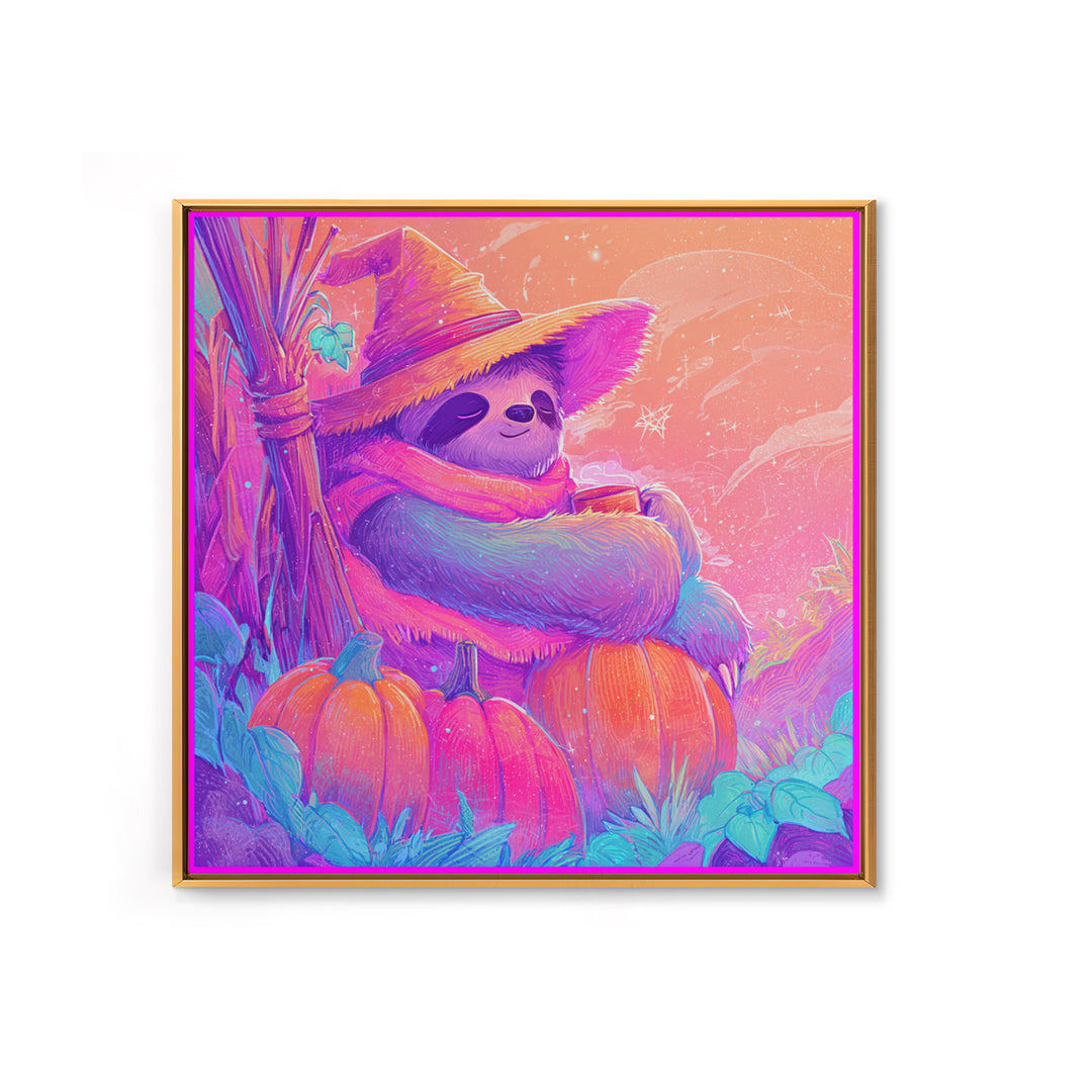 The Scarecrow Sloth, Cute Spooky Neon Art, Square Wall Art, Framed Canvas Print, Retro Halloween Decor, Neon Wall Art, Spooky Wall Decor