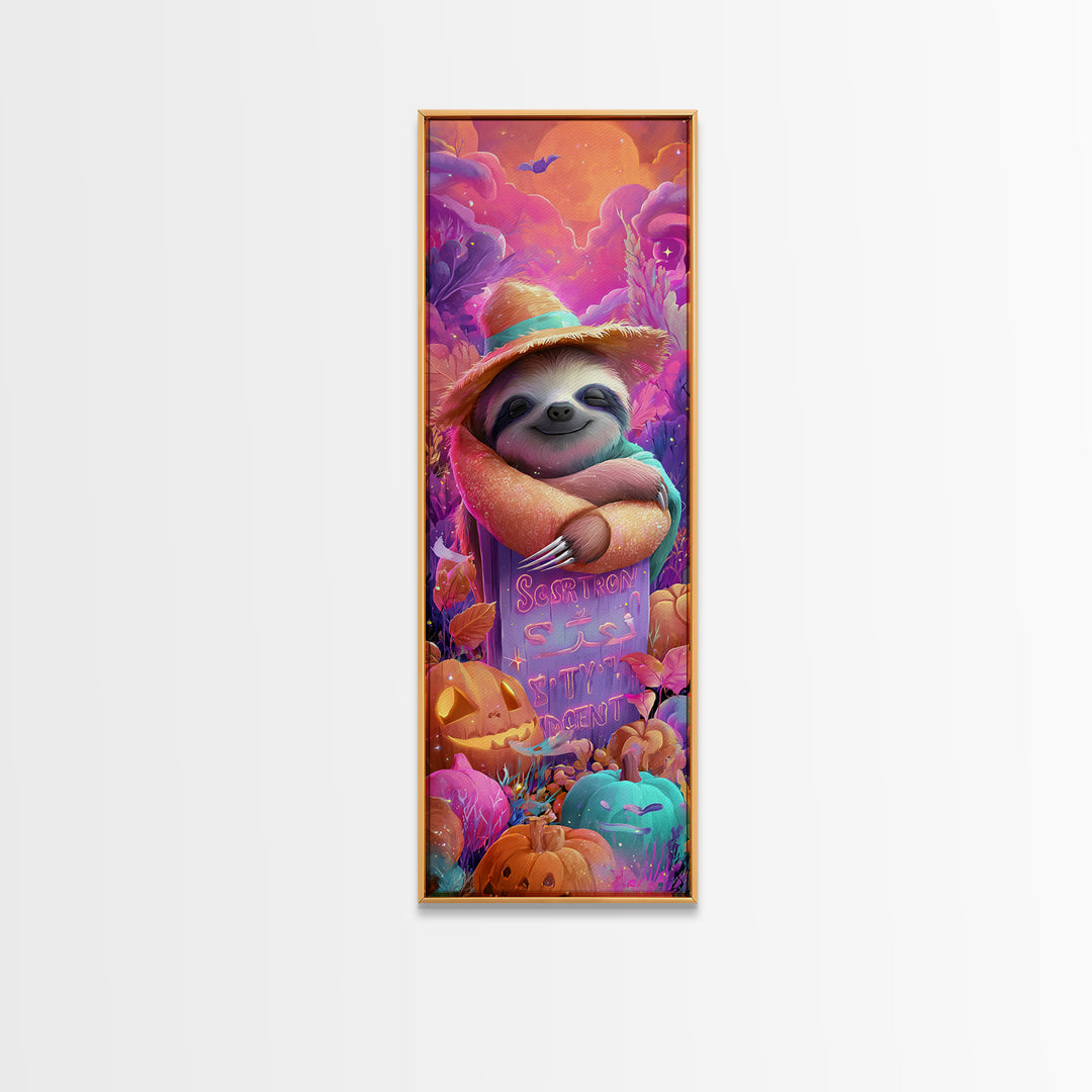 The Scarecrow Sloth, 80s Halloween Wall Art, Tall Narrow Wall Art, Canvas Print, Retro Halloween Decor, Neon Wall Art, Horror Wall Art