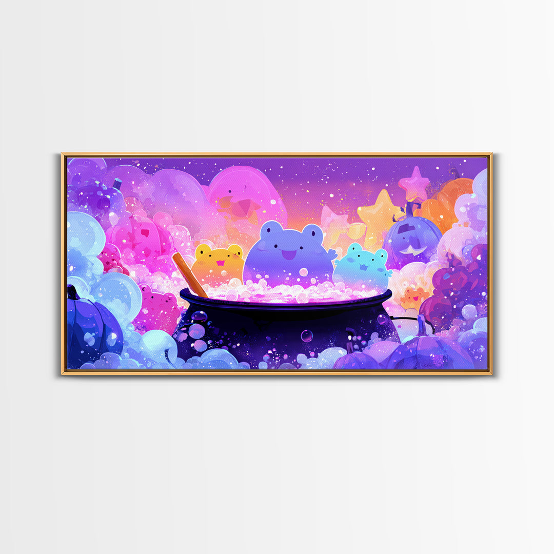 The Cauldron Frog, 80s Halloween Wall Art, Wide Panoramic Art, Canvas Print, Retro Halloween Decor, Neon Wall Art, Seasonal Home Decor