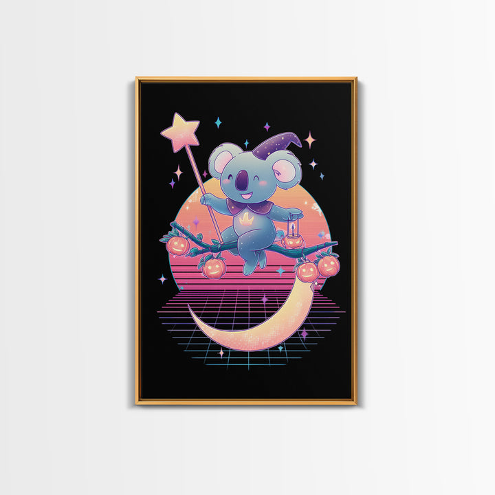 The Koala Wizard, Retro Neon Halloween Art, Vertical Wall Art, Canvas Print, Retro Halloween Decor, Neon Wall Art, Statement Wall Art