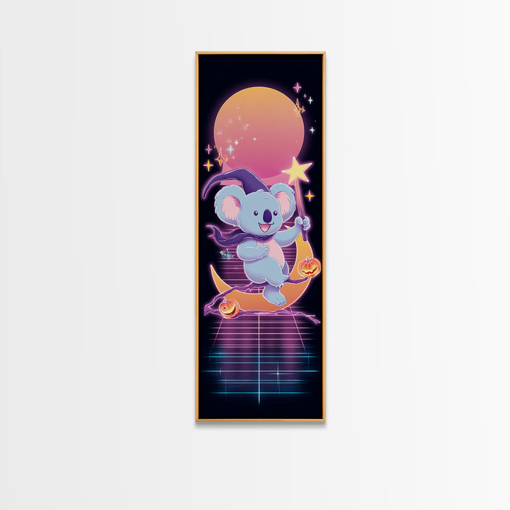 The Koala Wizard, Synthwave Halloween Art, Tall Narrow Wall Art, Canvas Print, Retro Halloween Decor, Neon Wall Art, Spooky Wall Decor