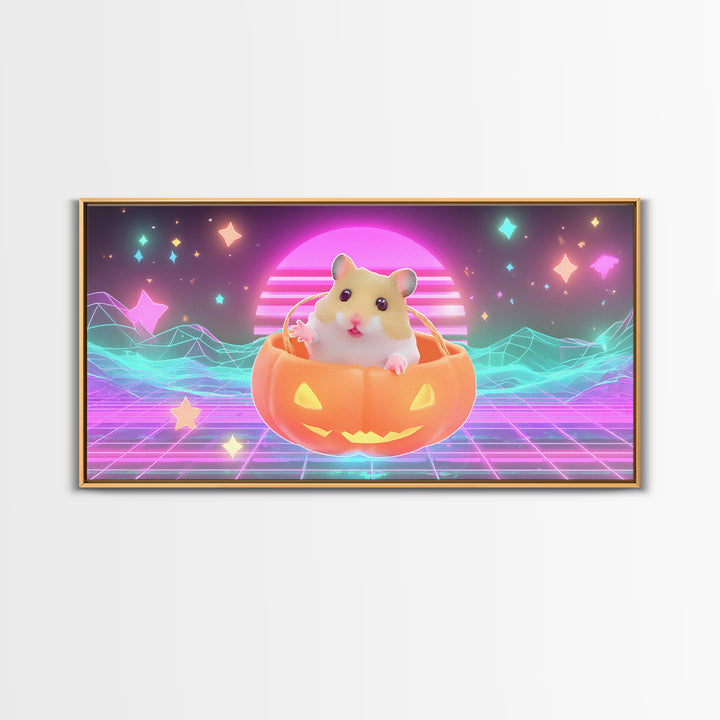 The Pumpkin Hamster, Retro Neon Halloween Art, Wide Panoramic Art, Framed Canvas Print, Retro Halloween Decor, Neon Wall Art