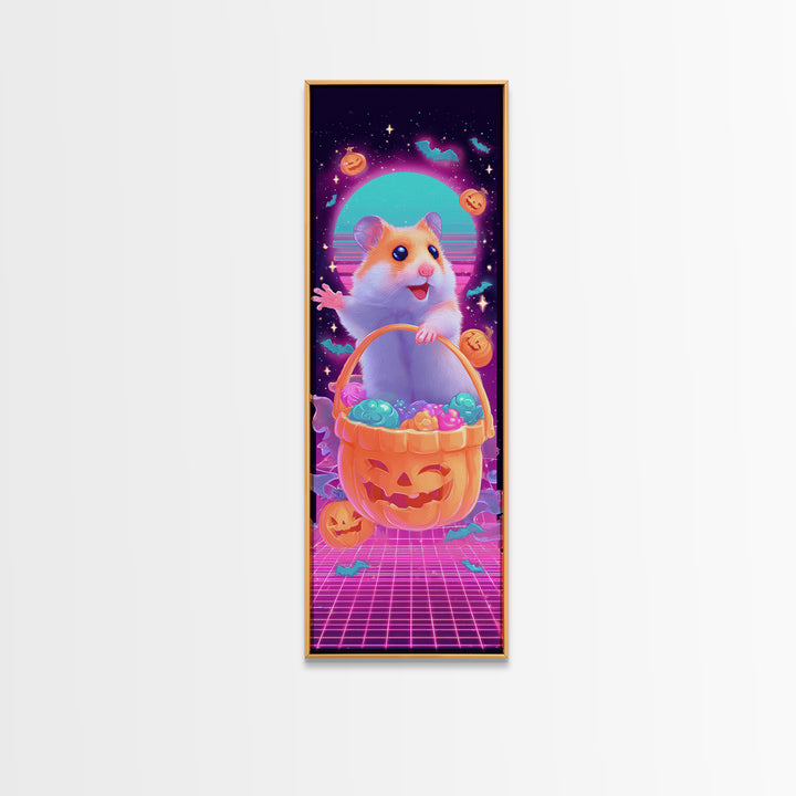 The Pumpkin Hamster, Synthwave Halloween Art, Tall Narrow Wall Art, Framed Canvas Print, Retro Halloween Decor, Neon Wall Art