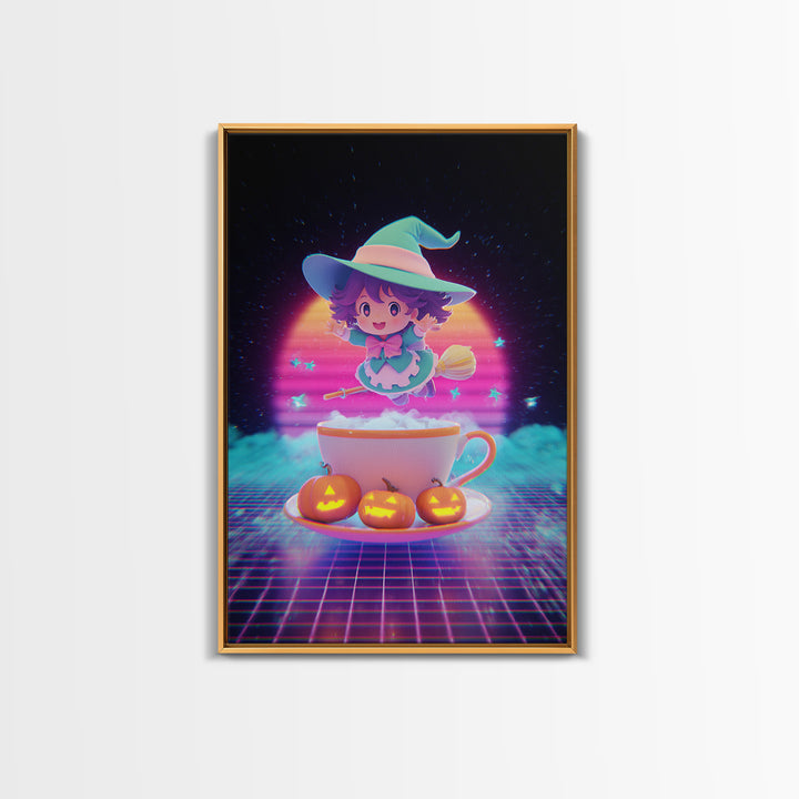 The Teacup Witch, Cute Spooky Neon Art, Vertical Wall Art, Framed Canvas Print, Retro Halloween Decor, Neon Wall Art, Seasonal Home Decor