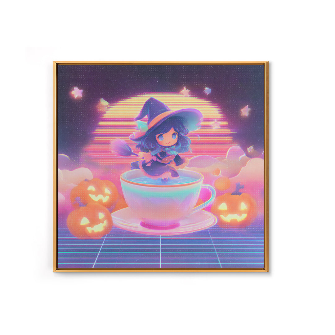 The Teacup Witch, Retro Neon Halloween Art, Square Wall Art, Framed Canvas Print, Retro Halloween Decor, Neon Wall Art
