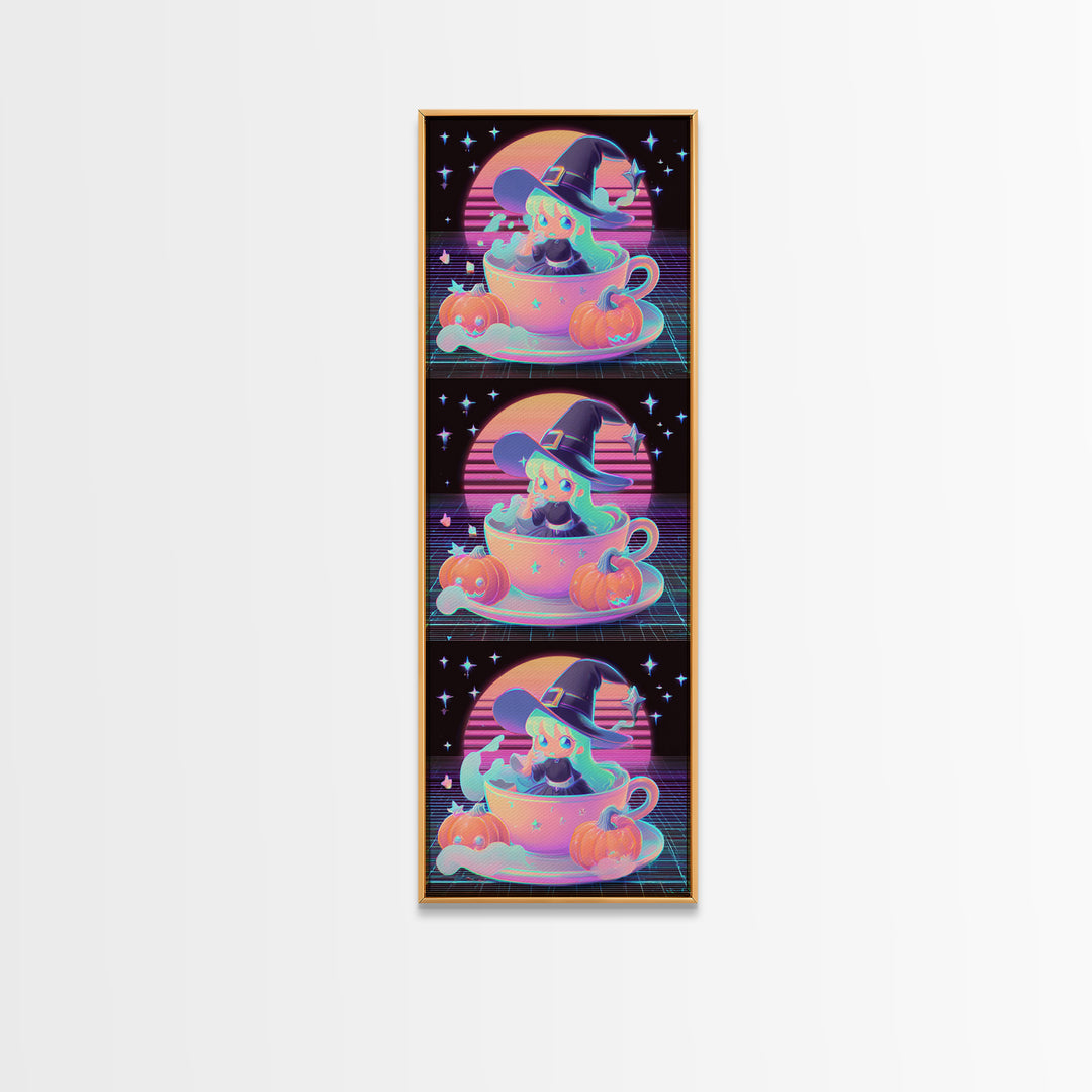 The Teacup Witch, Retro Neon Halloween Art, Tall Narrow Wall Art, Framed Canvas Print, Retro Halloween Decor, Neon Wall Art