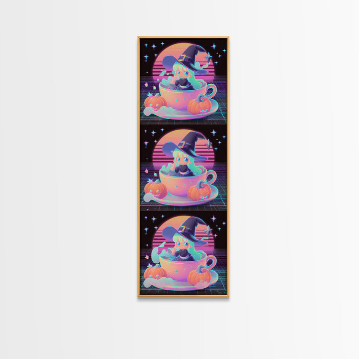 The Teacup Witch, Retro Neon Halloween Art, Tall Narrow Wall Art, Framed Canvas Print, Retro Halloween Decor, Neon Wall Art