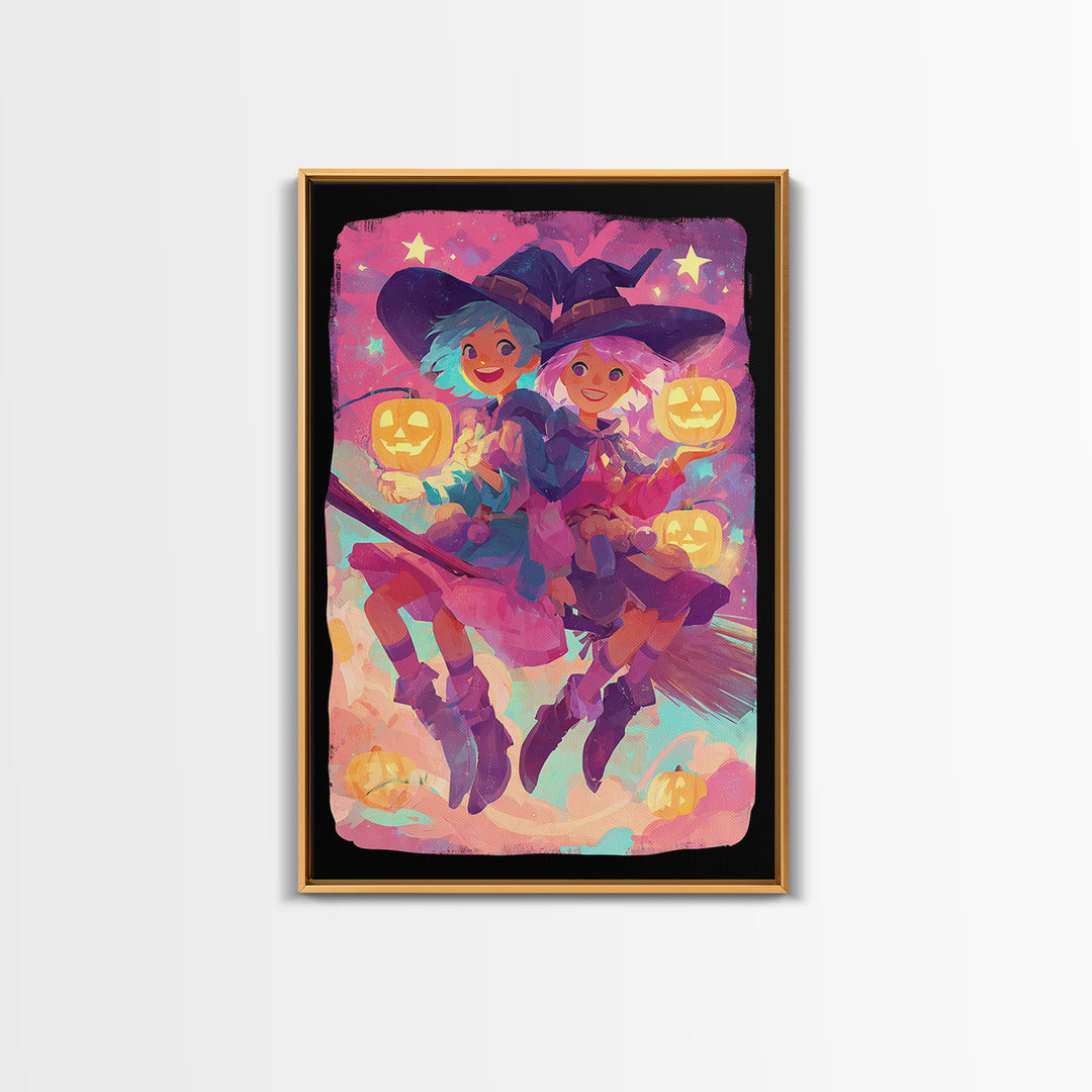The Twin Broomstick Witches, 80s Halloween Wall Art, Vertical Wall Art, Framed Canvas Print, Retro Halloween Decor, Neon Wall Art