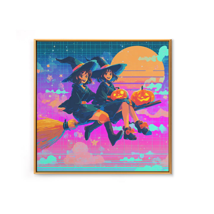 The Twin Broomstick Witches, Vaporwave Halloween Decor, Square Wall Art, Canvas Print, Retro Halloween Decor, Neon Wall Art
