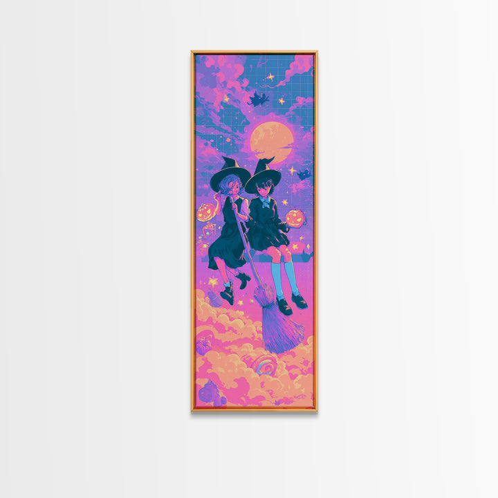The Twin Broomstick Witches, Cute Spooky Neon Art, Tall Narrow Wall Art, Canvas Print, Retro Halloween Decor, Neon Wall Art