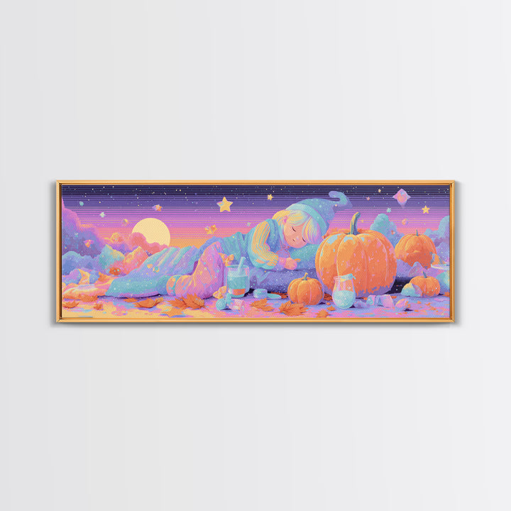 The Bubble Potion Apprentice, Vaporwave Halloween Decor, Extra Wide Wall Art, Framed Canvas Print, Retro Halloween Decor, Neon Wall Art