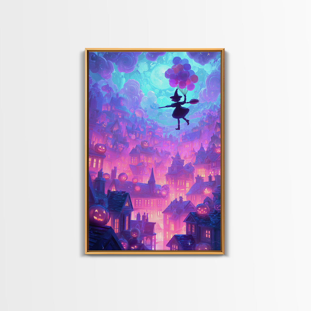 The Witch With A Balloon Broom, Cute Spooky Neon Art, Vertical Wall Art, Framed Canvas Print, Retro Halloween Decor, Neon Wall Art