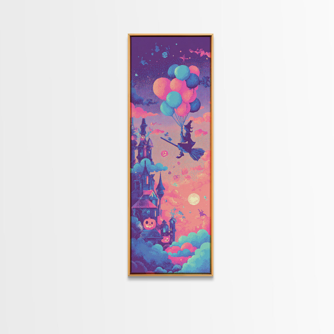 The Witch With A Balloon Broom, Vaporwave Halloween Decor, Tall Narrow Wall Art, Canvas Print, Retro Halloween Decor, Neon Wall Art