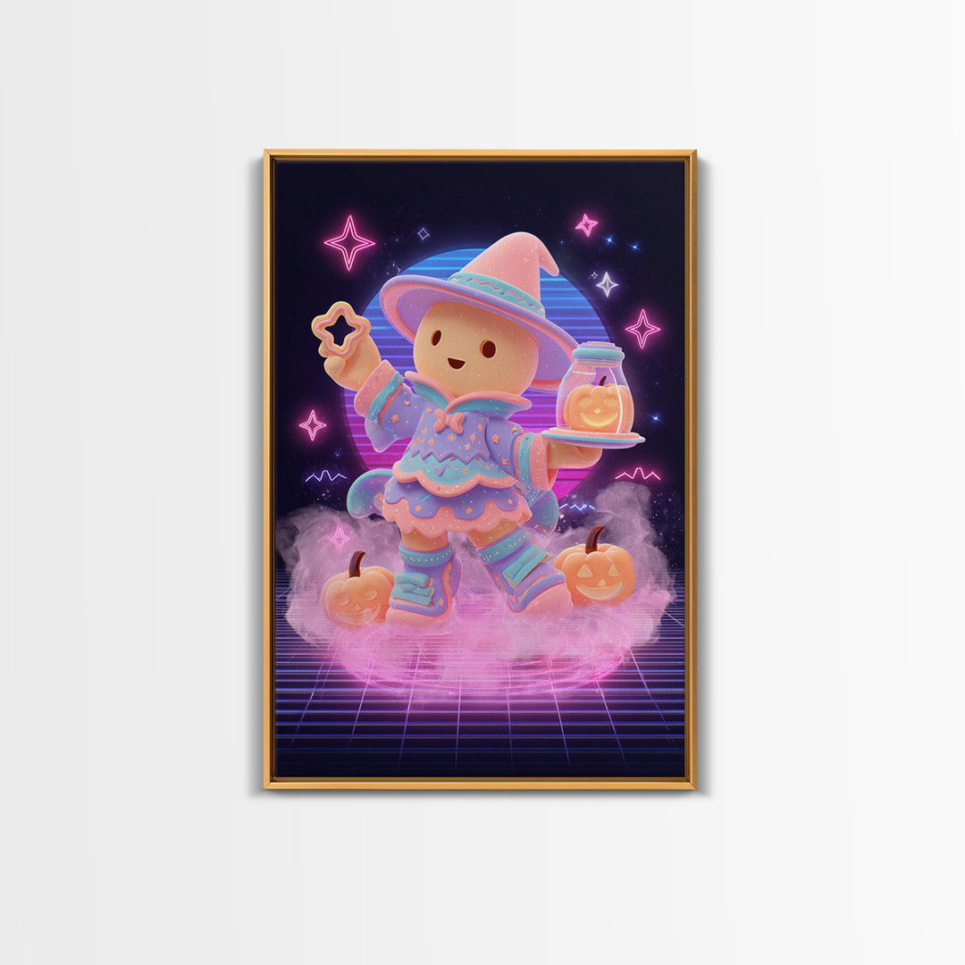The Cookie Spellcaster, Cute Spooky Neon Art, Vertical Wall Art, Canvas Print, Retro Halloween Decor, Neon Wall Art, Collectible Wall Decor