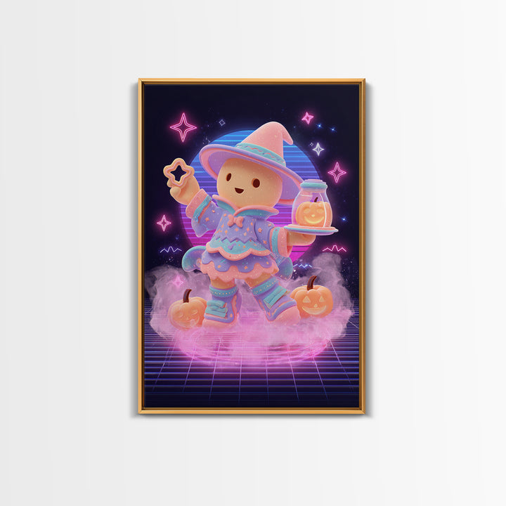 The Cookie Spellcaster, Cute Spooky Neon Art, Vertical Wall Art, Canvas Print, Retro Halloween Decor, Neon Wall Art, Collectible Wall Decor