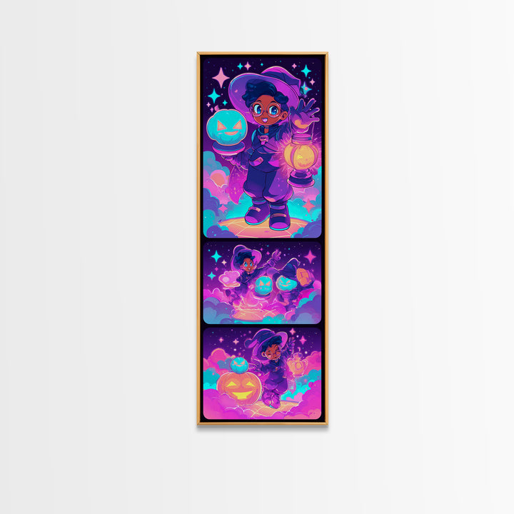 The Cookie Spellcaster, 80s Halloween Wall Art, Tall Narrow Wall Art, Framed Canvas Print, Retro Halloween Decor, Neon Wall Art