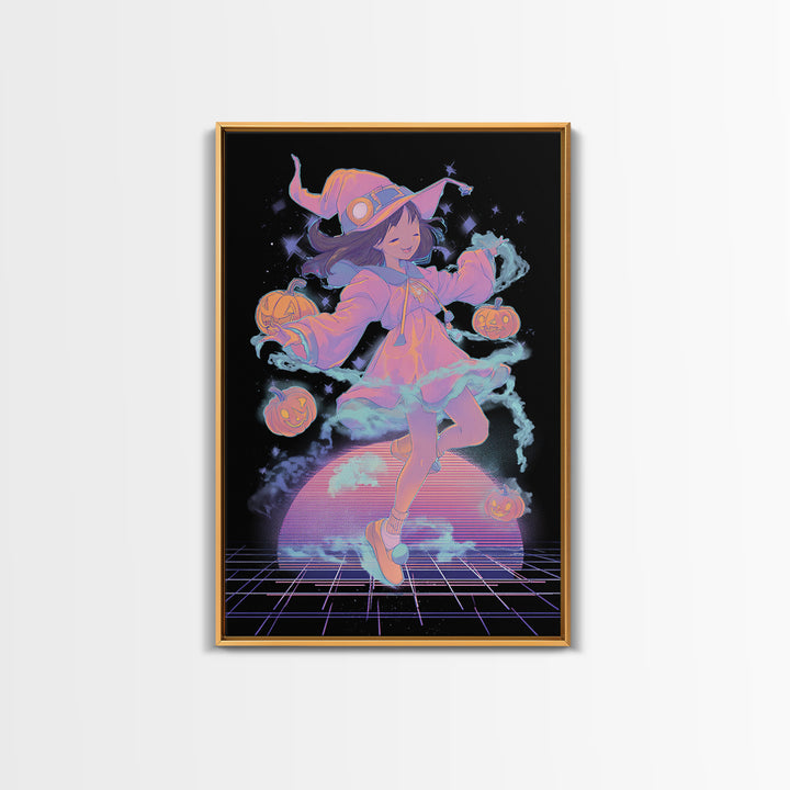 The Moonlight Pajama Witch, Vaporwave Halloween Decor, Vertical Wall Art, Canvas Print, Retro Halloween Decor, Neon Wall Art