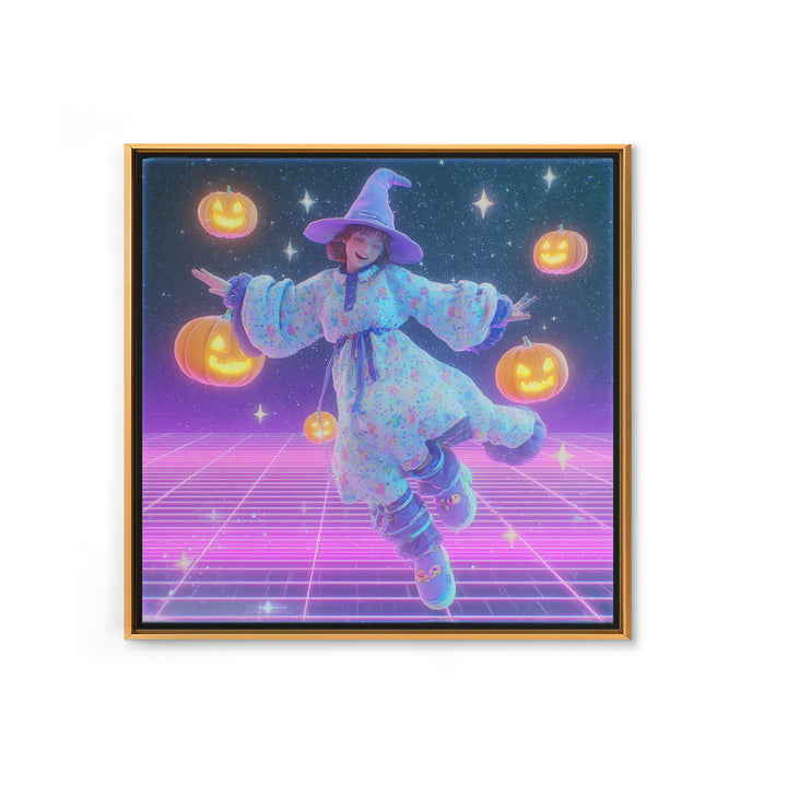 The Moonlight Pajama Witch, Synthwave Halloween Art, Square Wall Art, Canvas Print, Retro Halloween Decor, Neon Wall Art