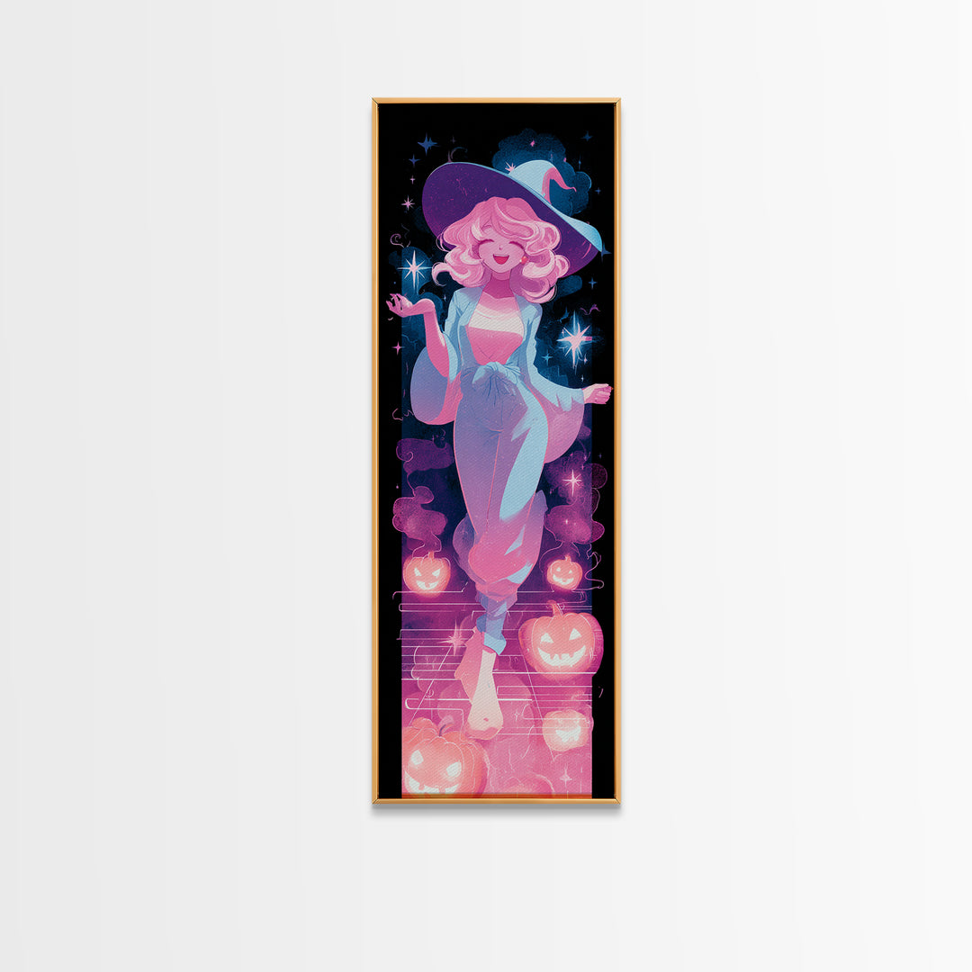 The Moonlight Pajama Witch, Cute Spooky Neon Art, Tall Narrow Wall Art, Framed Canvas Print, Retro Halloween Decor, Neon Wall Art