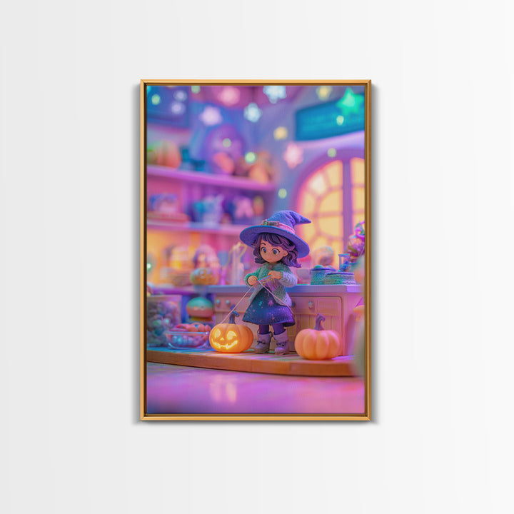The Tiny Hat Shop Witch, Synthwave Halloween Art, Vertical Wall Art, Framed Canvas Print, Retro Halloween Decor, Neon Wall Art