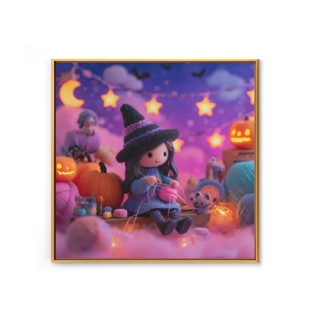 The Tiny Hat Shop Witch, Synthwave Halloween Art, Square Wall Art, Framed Canvas Print, Retro Halloween Decor, Neon Wall Art