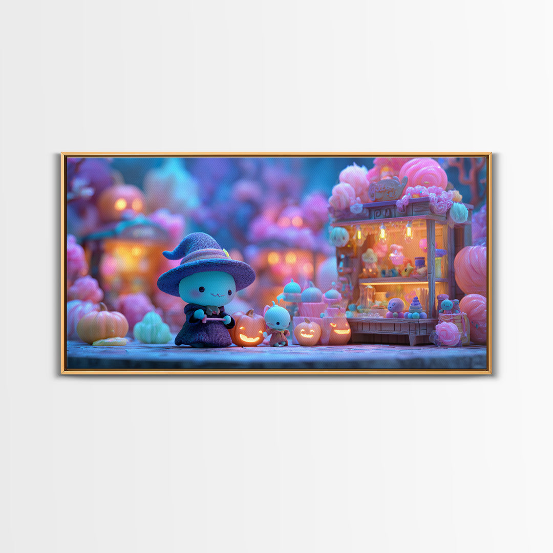 The Tiny Hat Shop Witch, Retro Neon Halloween Art, Wide Panoramic Art, Framed Canvas Print, Retro Halloween Decor, Neon Wall Art