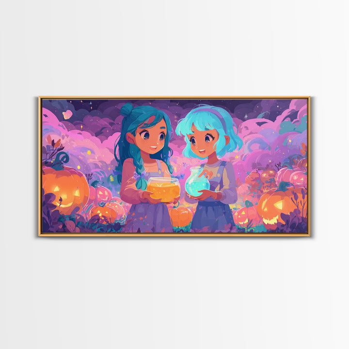The Pumpkin Potion Twins, 80s Halloween Wall Art, Wide Panoramic Art, Canvas Print, Retro Halloween Decor, Neon Wall Art, Spooky Wall Decor