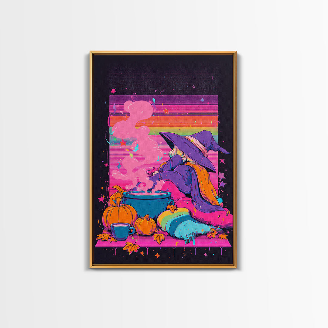 The Rainbow-Cauldron Witch, Vaporwave Halloween Decor, Vertical Wall Art, Canvas Print, Retro Halloween Decor, Neon Wall Art