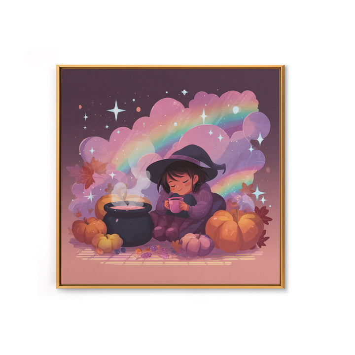 The Rainbow-Cauldron Witch, Vaporwave Halloween Decor, Square Wall Art, Framed Canvas Print, Retro Halloween Decor, Neon Wall Art